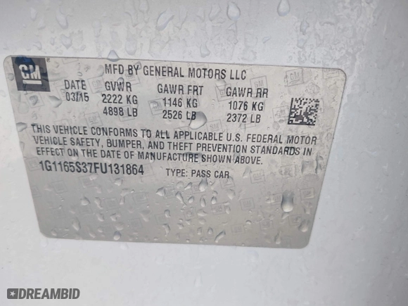 2015 Chevrolet Impala LTZ with VIN 1G1165S37FU131864, listed as a IAAI auction lot 41897287 with 81,307 mi miles. Bid and sale history available at carsss.com. Image 9.
