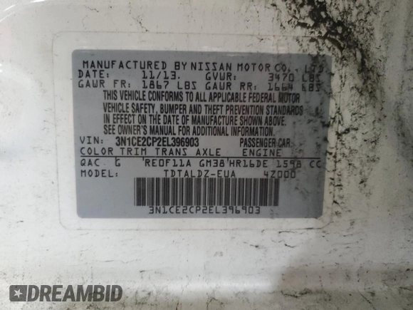 2014 Nissan Note S z VIN 3N1CE2CP2EL396903, wystawiony jako Copart lot #55398645 z przebiegiem 72 067 mil mil oraz Szkoda całkowita • Salvage title. Historia ofert i sprzedaży dostępna na DreamBid. Obrazek 12.