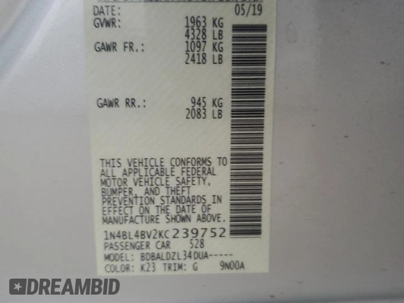 2019 Nissan Altima 2.5 S with VIN 1N4BL4BV2KC239752, listed as a Copart auction lot 86565644 with 182,447 mi miles and Salvage Title. Bid and sale history available at carsss.com. Image 12.
