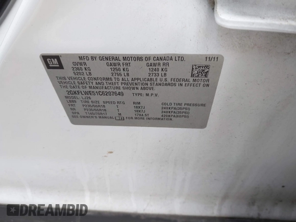 2012 GMC Terrain SLT-2 with VIN 2GKFLWE51C6207649, listed as a IAAI auction lot 41506133 with 170,316 mi miles. Bid and sale history available at carsss.com. Image 9.