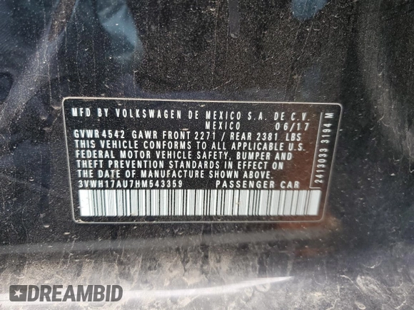 2017 Volkswagen Golf S z VIN 3VWH17AU7HM543359, wystawiony jako Copart lot #58502255 z przebiegiem 81 065 mil mil oraz Szkoda całkowita • Salvage title. Historia ofert i sprzedaży dostępna na DreamBid. Obrazek 13.