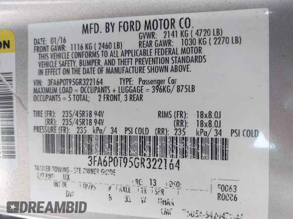2016 Ford Fusion SE with VIN 3FA6P0T95GR322164, listed as a IAAI auction lot 42553970 with 123,416 mi miles and . Bid and sale history available at DreamBid. Image 9.