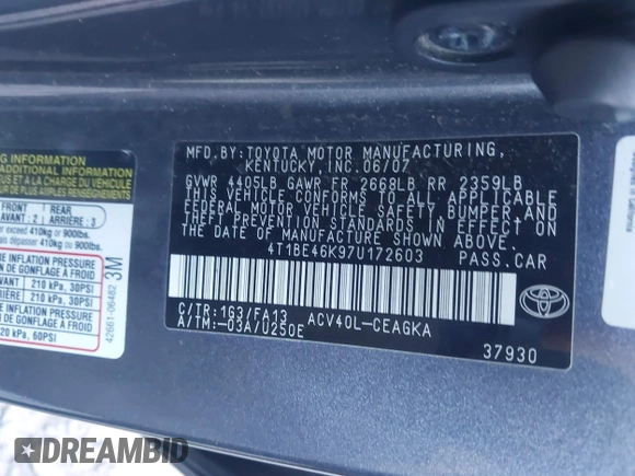 2007 Toyota Camry CE with VIN 4T1BE46K97U172603, listed as a IAAI auction lot 41363615 with 134,867 mi miles and . Bid and sale history available at DreamBid. Image 9.