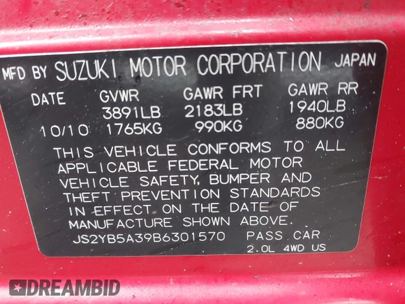 2011 Suzuki SX4 Crossover with VIN JS2YB5A39B6301570, listed as a IAAI auction lot 41666875 with 103,724 mi miles. Bid and sale history available at carsss.com. Image 9.