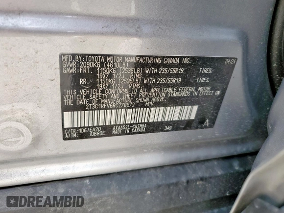 2024 Toyota RAV4 XLE Premium with VIN 2T3C1RFV6RC278672, listed as a Copart auction lot 54777375 with 23,857 mi miles and Salvage title. Bid and sale history available at DreamBid. Image 13.