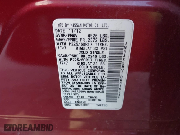 2013 Nissan Rogue SL with VIN JN8AS5MV1DW616248, listed as a IAAI auction lot 41591264 with 127,324 mi miles and . Bid and sale history available at DreamBid. Image 9.