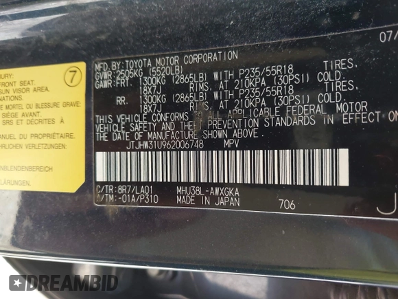 2006 Lexus RX 400h with VIN JTJHW31U962006748, listed as a IAAI auction lot 42654250 with 262,469 mi miles and . Bid and sale history available at DreamBid. Image 9.