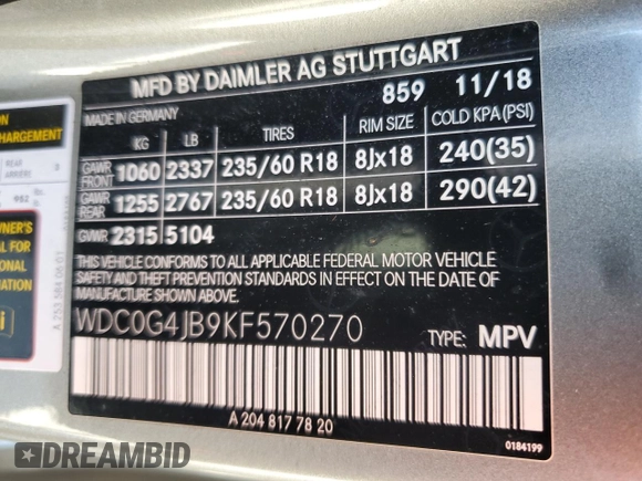 2019 Mercedes-Benz GLC 300 with VIN WDC0G4JB9KF570270, listed as a Copart auction lot 57826905 with 39,470 mi miles and Salvage title. Bid and sale history available at DreamBid. Image 14.