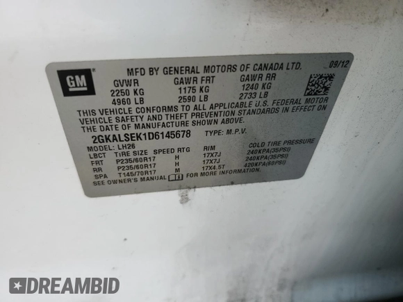 2013 GMC Terrain SLE with VIN 2GKALSEK1D6145678, listed as a Copart auction lot 45103254 with 124,883 mi miles and Salvage Title. Bid and sale history available at DreamBid. Image 12.