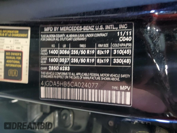 2012 Mercedes-Benz M ML 350 with VIN 4JGDA5HB5CA024077, listed as a Copart auction lot 55298135 with 188,957 mi miles and Clean Title. Bid and sale history available at carsss.com. Image 13.