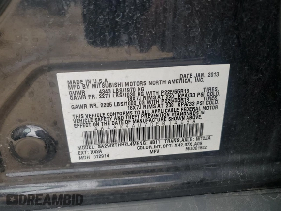 2013 Mitsubishi Outlander Sport SE with VIN 4A4AR4AU7DE014658, listed as a Copart auction lot 54887335 with 171,652 mi miles and Clean Title. Bid and sale history available at carsss.com. Image 12.
