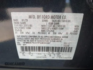 2023 Ford Explorer ST-Line with VIN 1FMSK7KH7PGB53387, listed as a IAAI auction lot 42279577 with 24,905 mi miles and . Bid and sale history available at DreamBid. Image 9.