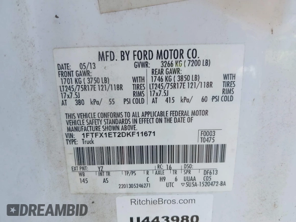 2013 Ford F-150 XL with VIN 1FTFX1ET2DKF11671, listed as a IAAI auction lot 42634877 with 132,000 mi miles and . Bid and sale history available at DreamBid. Image 9.