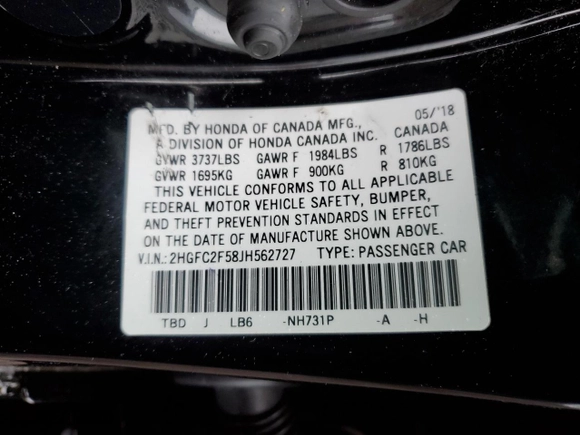 2018 Honda Civic Sedan LX with VIN 2HGFC2F58JH562727, listed as a Copart auction lot 49659275 with 138,222 mi miles and Salvage Title. Bid and sale history available at carsss.com. Image 15.