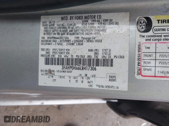 2012 Ford Fusion SE with VIN 3FAHP0HA6CR417306, listed as a IAAI auction lot 42488661 with 183,091 mi miles and . Bid and sale history available at DreamBid. Image 9.