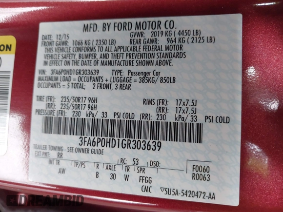 2016 Ford Fusion SE with VIN 3FA6P0HD1GR303639, listed as a IAAI auction lot 42097357 with 35,379 mi miles and . Bid and sale history available at DreamBid. Image 9.