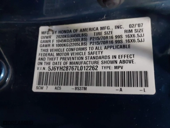 2007 Honda Element EX with VIN 5J6YH28767L012262, listed as a IAAI auction lot 41650032 with NaN miles. Bid and sale history available at carsss.com. Image 9.