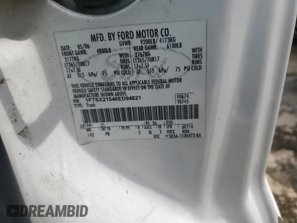 2006 Ford F-250 XL with VIN 1FTSX21546ED94821, listed as a Copart auction lot 62850665 with Not provided miles and Clean title. Bid and sale history available at DreamBid. Image 12.
