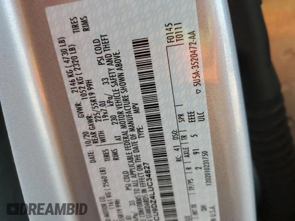 2020 Ford Escape Titanium Hybrid z VIN 1FMCU9DZ4LUC34827, wystawiony jako Copart lot #48769685 z przebiegiem 84 218 mil mil oraz Szkoda całkowita • Salvage title. Historia ofert i sprzedaży dostępna na DreamBid. Obrazek 15.