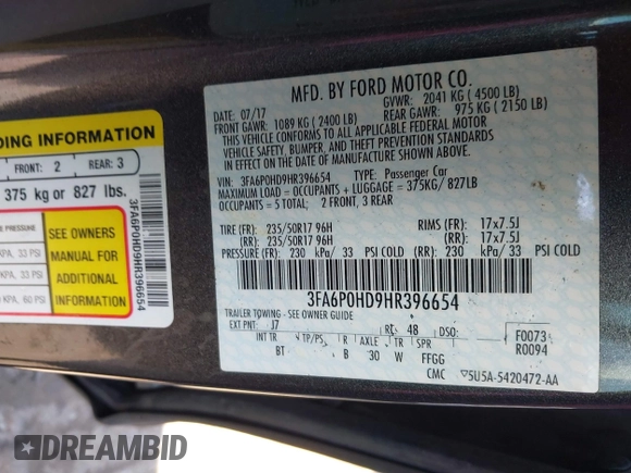 2017 Ford Fusion SE with VIN 3FA6P0HD9HR396654, listed as a IAAI auction lot 41967194 with 131,062 mi miles. Bid and sale history available at carsss.com. Image 9.