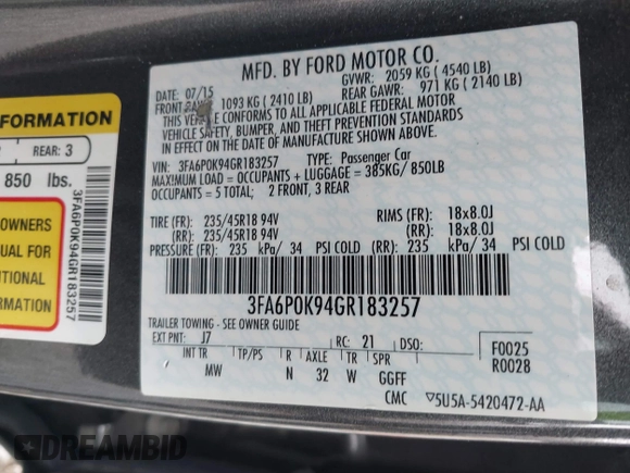 2016 Ford Fusion Titanium with VIN 3FA6P0K94GR183257, listed as a IAAI auction lot 41374728 with 67,780 mi miles and . Bid and sale history available at carsss.com. Image 9.