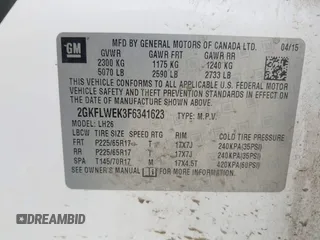 2015 GMC Terrain SLE with VIN 2GKFLWEK3F6341623, listed as a IAAI auction lot 41767755 with 125,403 mi miles and . Bid and sale history available at carsss.com. Image 9.