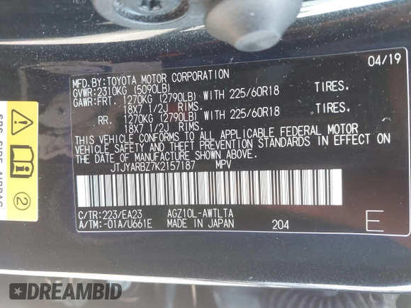 2019 Lexus NX 300 z VIN JTJYARBZ7K2157187, wystawiony jako IAAI lot #41914138 z przebiegiem 81 265 mil mil oraz . Historia ofert i sprzedaży dostępna na DreamBid. Obrazek 9.