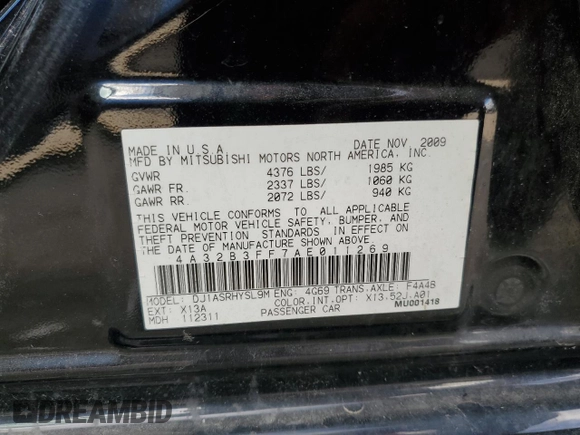 2010 Mitsubishi Galant ES with VIN 4A32B3FF7AE011269, listed as a Copart auction lot 79068434 with 67,609 mi miles and Salvage Title. Bid and sale history available at carsss.com. Image 12.
