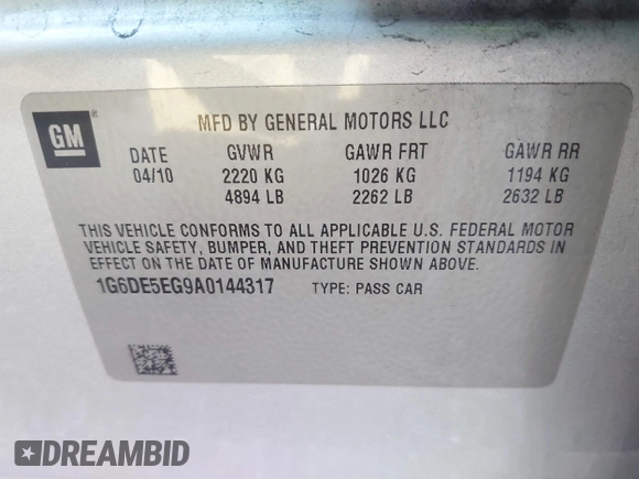 2010 Cadillac CTS Luxury with VIN 1G6DE5EG9A0144317, listed as a IAAI auction lot 42093890 with 70,099 mi miles. Bid and sale history available at carsss.com. Image 9.