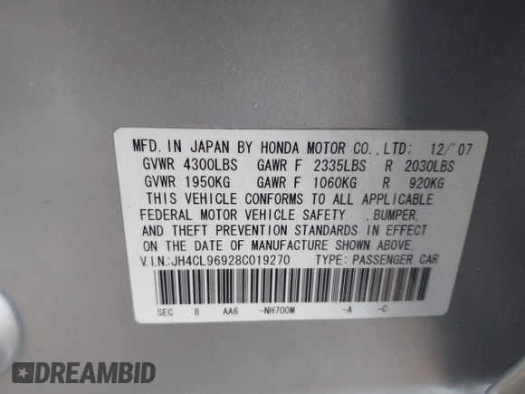 2008 Acura TSX Nav with VIN JH4CL96928C019270, listed as a IAAI auction lot 42043735 with 85,106 mi miles and . Bid and sale history available at DreamBid. Image 9.