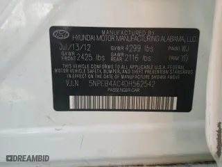2013 Hyundai Sonata GLS with VIN 5NPEB4AC4DH562542, listed as a Copart auction lot 52831035 with 183,870 mi miles and Clean Title. Bid and sale history available at carsss.com. Image 12.