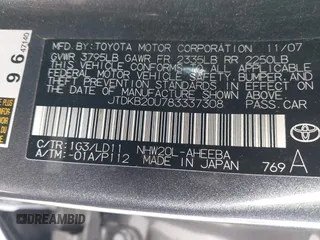 2008 Toyota Prius with VIN JTDKB20U783337308, listed as a IAAI auction lot 42014864 with 204,573 mi miles. Bid and sale history available at carsss.com. Image 9.