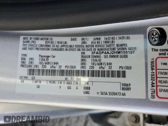 2017 Ford Fiesta S z VIN 3FADP4AJ2HM158107, wystawiony jako Copart lot #58218765 z przebiegiem 38 152 mil mil oraz Szkoda całkowita • Salvage title. Historia ofert i sprzedaży dostępna na DreamBid. Obrazek 13.