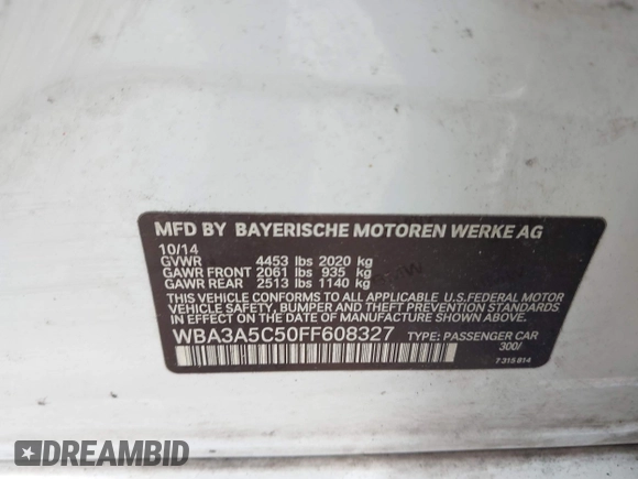 2015 BMW 3 Series 328i with VIN WBA3A5C50FF608327, listed as a IAAI auction lot 42136156 with 213,945 mi miles. Bid and sale history available at carsss.com. Image 9.