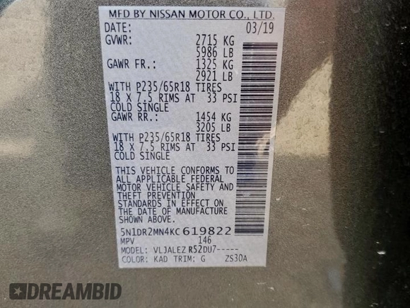 2019 Nissan Pathfinder SV with VIN 5N1DR2MN4KC619822, listed as a Copart auction lot 61045755 with 76,405 mi miles and Salvage title. Bid and sale history available at DreamBid. Image 13.