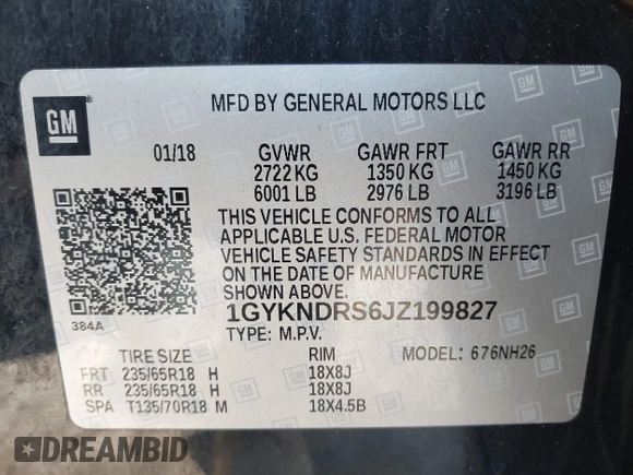 2018 Cadillac XT5 Luxury AWD with VIN 1GYKNDRS6JZ199827, listed as a IAAI auction lot 40699590 with 92,557 mi miles and . Bid and sale history available at DreamBid. Image 9.