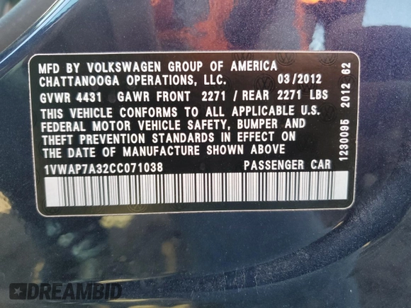 2012 Volkswagen Passat S with VIN 1VWAP7A32CC071038, listed as a Copart auction lot 55637315 with 79,935 mi miles and Clean title. Bid and sale history available at DreamBid. Image 13.