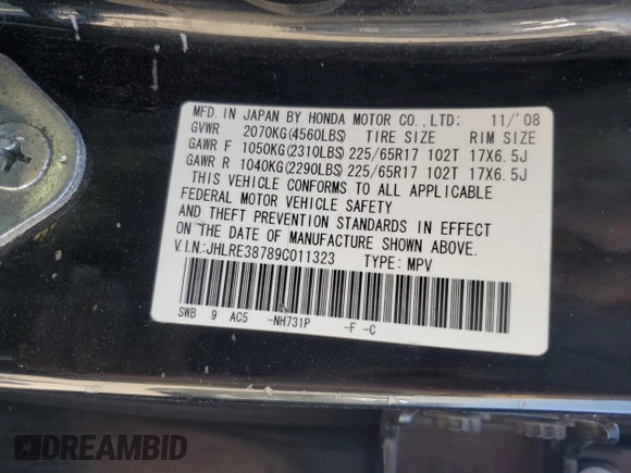 2009 Honda CR-V EX-L with VIN JHLRE38789C011323, listed as a Copart auction lot 54554445 with 228,363 mi miles and Salvage Title. Bid and sale history available at carsss.com. Image 14.