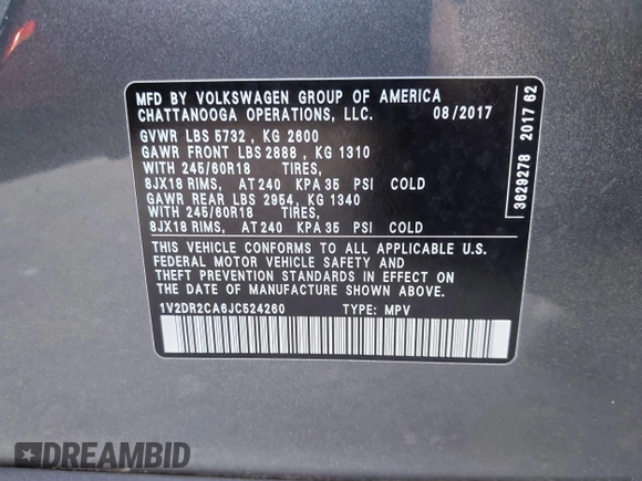 2018 Volkswagen Atlas SE с VIN 1V2DR2CA6JC524260, выставлен на аукционе IAAI как лот 41727063 с пробегом 134 314 миль миль и . История ставок и продаж доступна на DreamBid. Изображение 9.