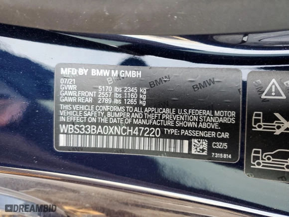 2022 BMW M4 Competition xDrive with VIN WBS33BA0XNCH47220, listed as a Copart auction lot 43039155 with NaN miles and Salvage Title. Bid and sale history available at carsss.com. Image 12.