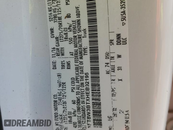 2017 Ford F-350 Platinum with VIN 1FT8W3BTXHEB92195, listed as a Copart auction lot 62408394 with Not Provided miles and Salvage Title. Bid and sale history available at DreamBid. Image 12.