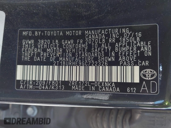 2016 Toyota Corolla L with VIN 2T1BURHE9GC722326, listed as a IAAI auction lot 42699241 with 111,185 mi miles and . Bid and sale history available at DreamBid. Image 9.
