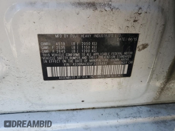 2015 Subaru Legacy Premium with VIN 4S3BNAC65F3059892, listed as a Copart auction lot 55296705 with 147,139 mi miles and Salvage title. Bid and sale history available at DreamBid. Image 13.