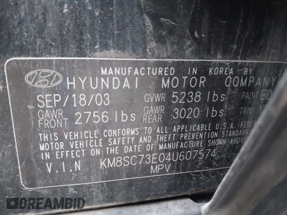 2004 Hyundai Santa Fe GLS z VIN KM8SC73E04U607574, wystawiony jako IAAI lot #41879786 z przebiegiem 183 474 mil mil oraz . Historia ofert i sprzedaży dostępna na DreamBid. Obrazek 9.