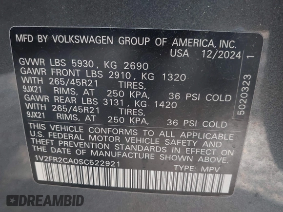 2025 Volkswagen Atlas SEL Premium R-Line with VIN 1V2FR2CA0SC522921, listed as a IAAI auction lot 42033389 with 5,342 mi miles and . Bid and sale history available at DreamBid. Image 9.