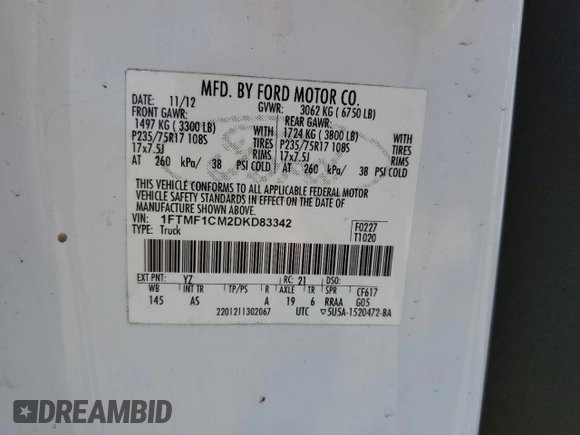 2013 Ford F-150 XL with VIN 1FTMF1CM2DKD83342, listed as a Copart auction lot 48893085 with 195,412 mi miles and Clean Title. Bid and sale history available at carsss.com. Image 12.