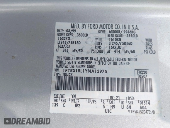 2000 Ford F-150 XL with VIN 1FTRX18L1YNA13975, listed as a IAAI auction lot 42397187 with 235,471 mi miles and . Bid and sale history available at DreamBid. Image 9.