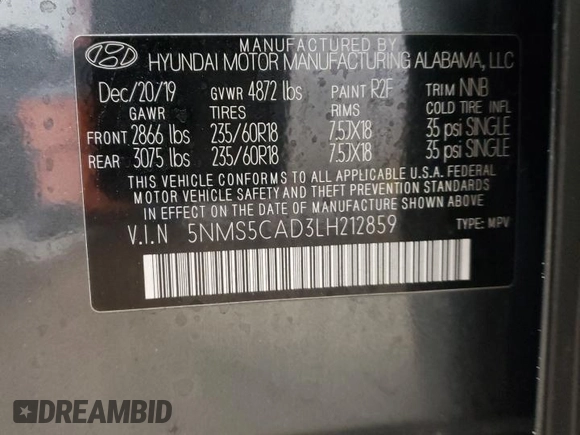 2020 Hyundai Santa Fe Limited with VIN 5NMS5CAD3LH212859, listed as a Copart auction lot 45522885 with 50,685 mi miles and Salvage Title. Bid and sale history available at carsss.com. Image 13.