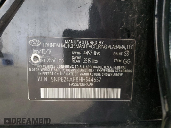 2017 Hyundai Sonata 2.4L with VIN 5NPE24AF8HH544657, listed as a Copart auction lot 53899855 with Not Provided miles and Clean Title. Bid and sale history available at carsss.com. Image 12.