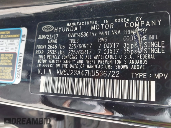 2017 Hyundai Tucson SE with VIN KM8J23A47HU536722, listed as a IAAI auction lot 42050171 with 101,092 mi miles and . Bid and sale history available at DreamBid. Image 9.